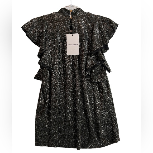 Sabina Musayev Black Ruffle Shoulder High Neck Diamond Shimmer Gold Top Size XS - Picture 4 of 6